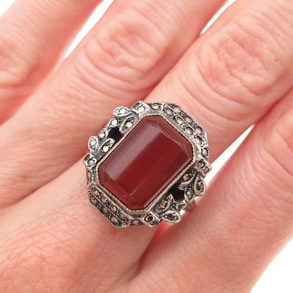 925 Sterling Antique Real Carnelian & Marcasite Ring Size 6.5 (missing 4 stones)