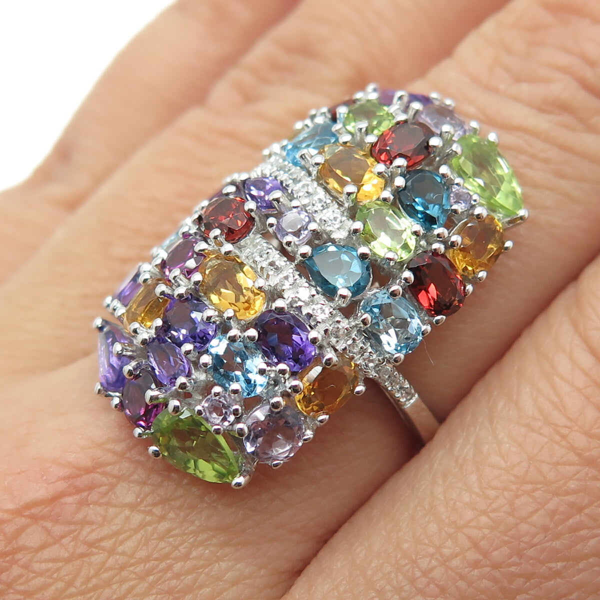 DSMK 925 Sterling White & Blue Topaz Amethyst Citrine Peridot Garnet Ring Size 7