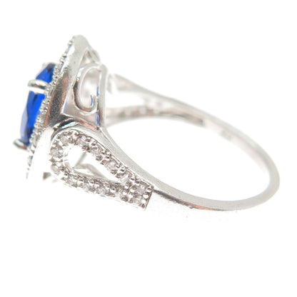 925 Sterling Silver Blue Oval-Cut & White Round-Cut Shaped C Z Ring Size 7