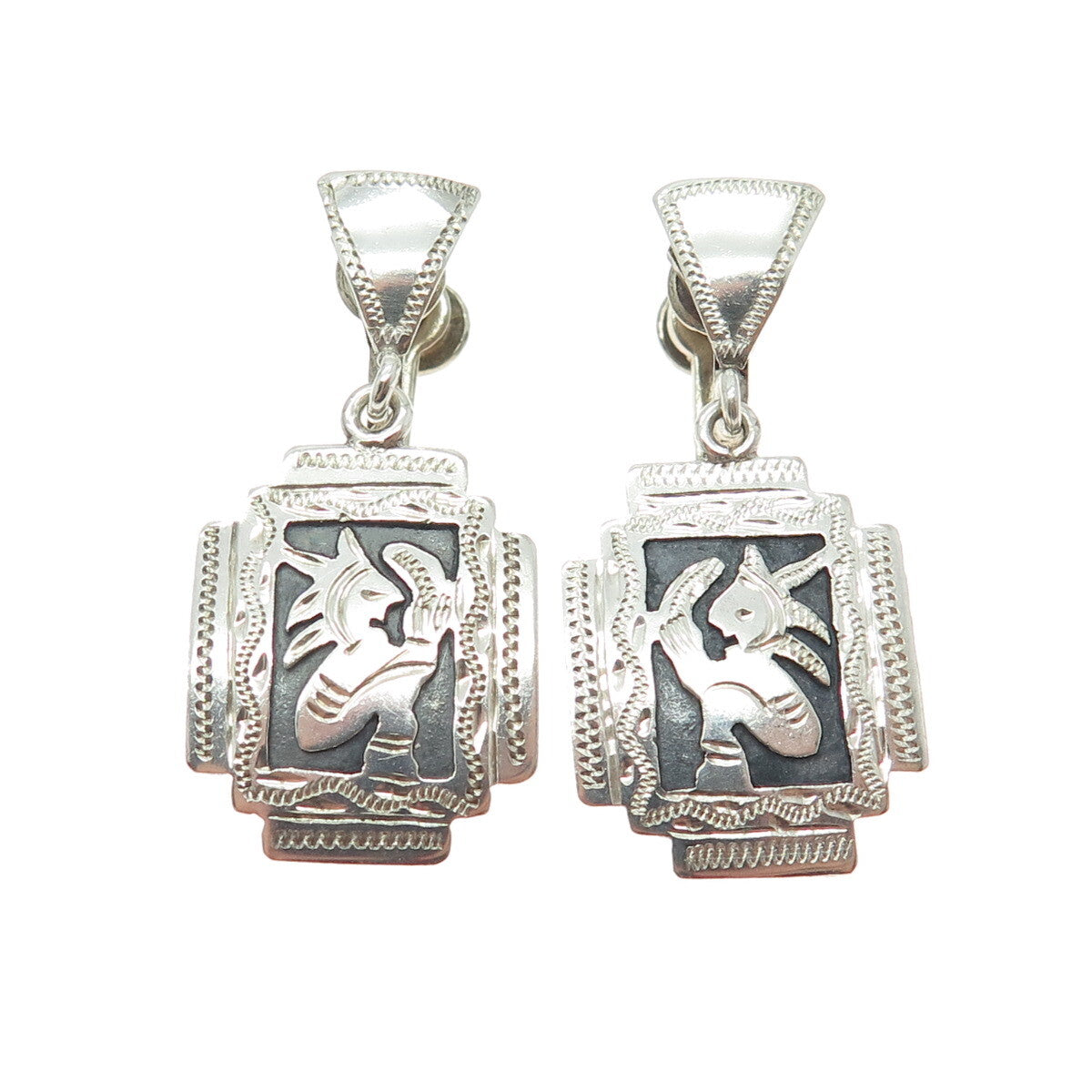 900 Silver Vintage Guatemala Tribal Warrior Oxidized Screw Back Earrings