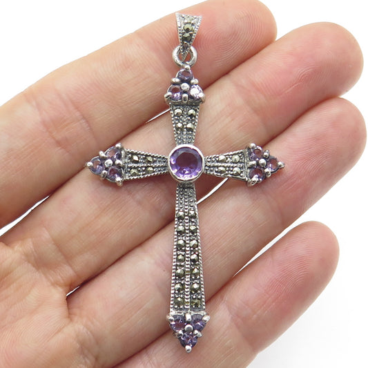 925 Sterling Silver Vintage Real Amethyst & Marcasite Gemstone Cross Pendant