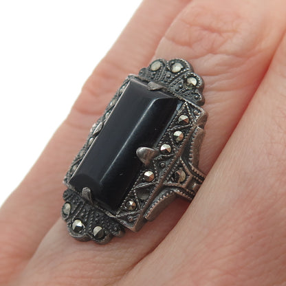UNCAS Sterling Silver Antique Art Deco Real Black Onyx Marcasite Ring Size 2.75