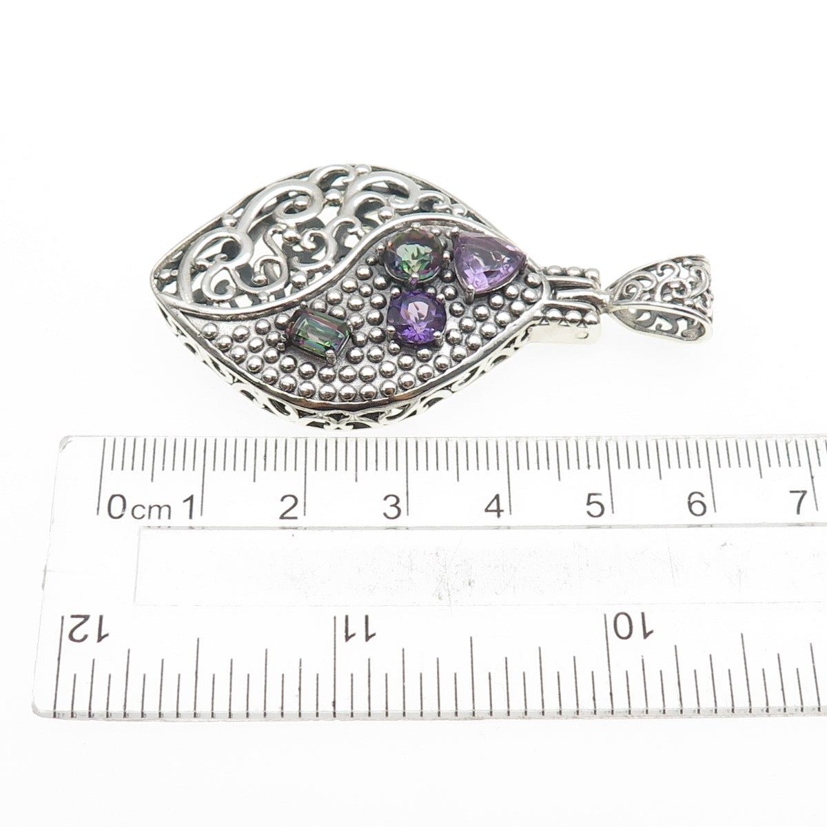 BERIA 925 Sterling Silver Vintage Real Amethyst & Mystic Quartz Charm Pendant