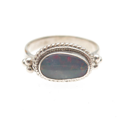 925 Sterling Silver Vintage Real Opal Modernist Beaded Ring Size 5.25