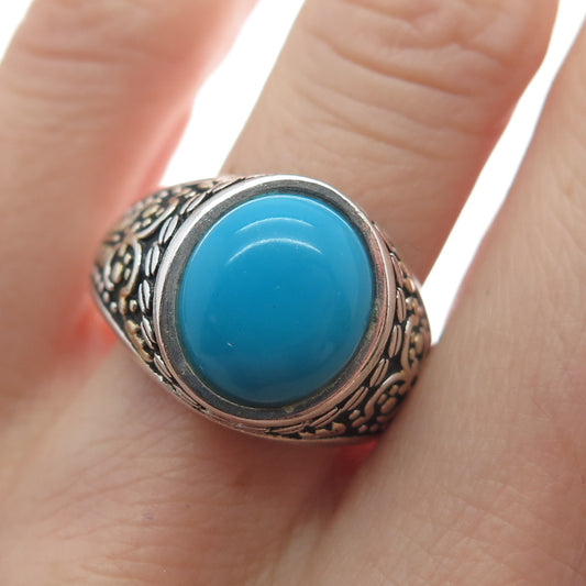 925 Sterling Silver Vintage Sleeping Beauty Turquoise Gem Ethnic Ring Size 11.25