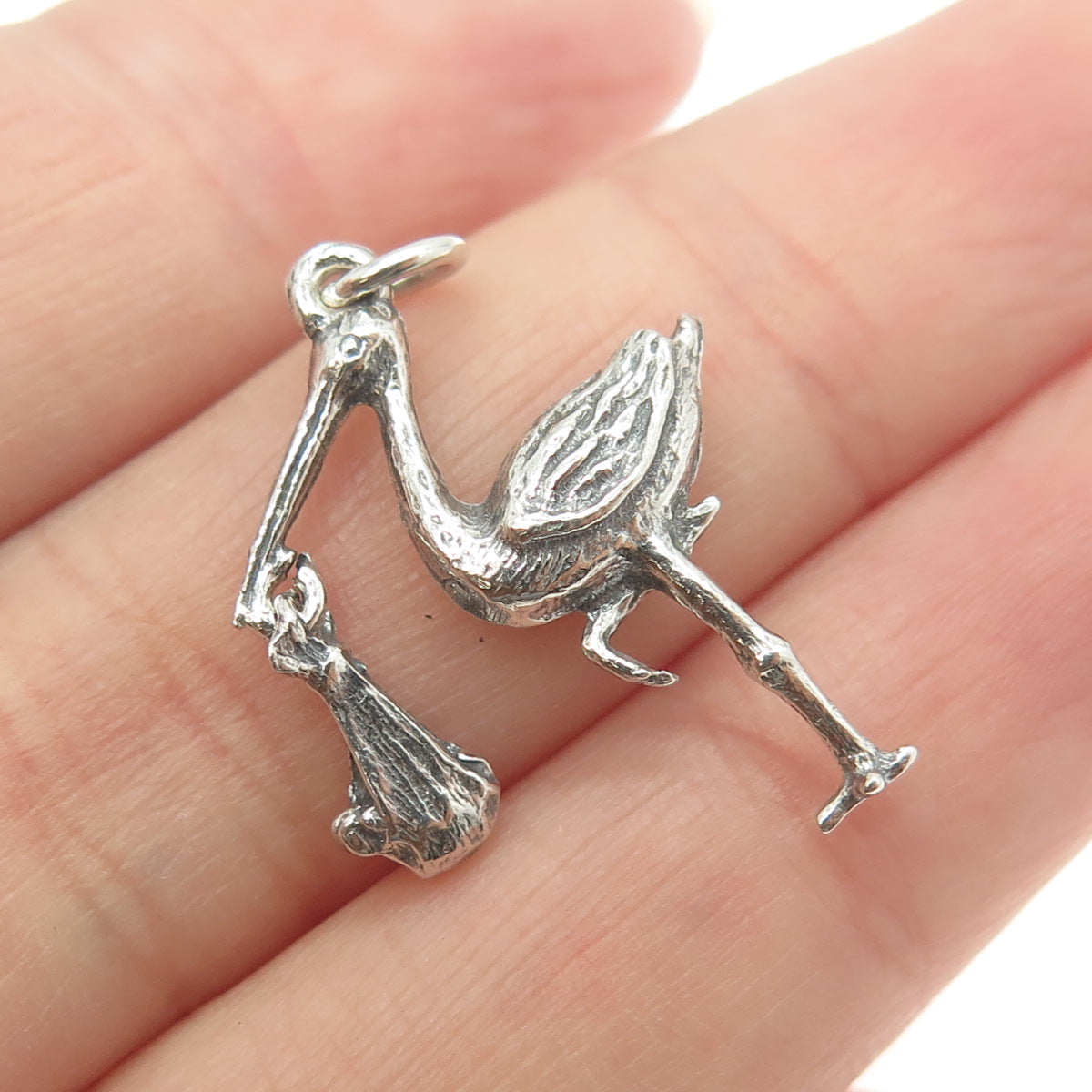 925 Sterling Silver Vintage Stork Carrying a Baby 3D Pendant