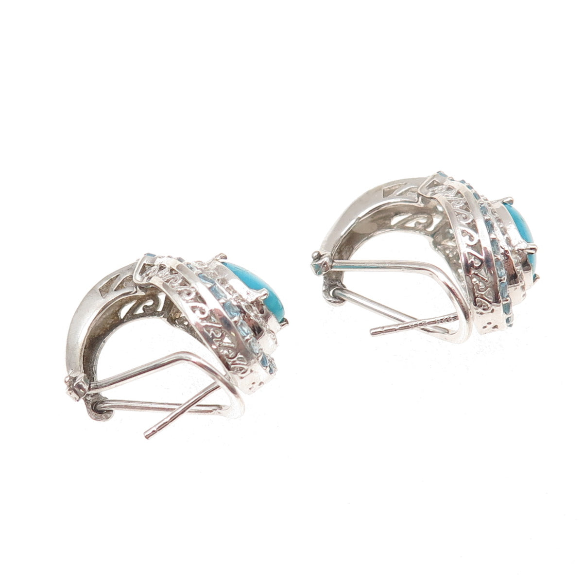 Chuck Clemency 925 Sterling Real Turquoise Blue White Topaz Omega Back Earrings