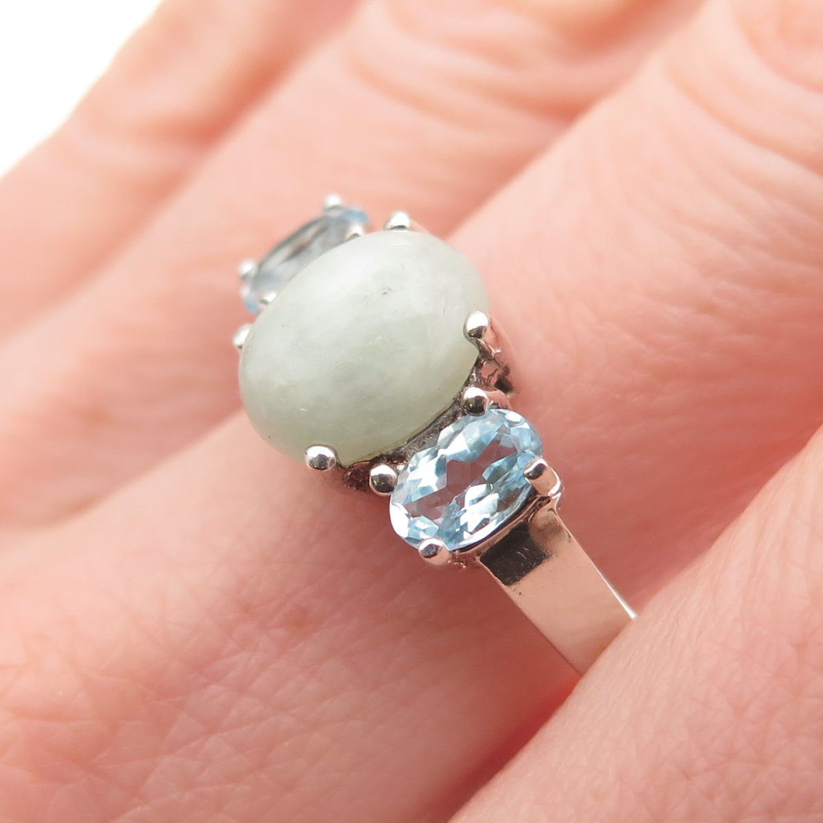 AVON 925 Sterling Silver Vintage Real Jade & Blue Topaz Ring Size 10