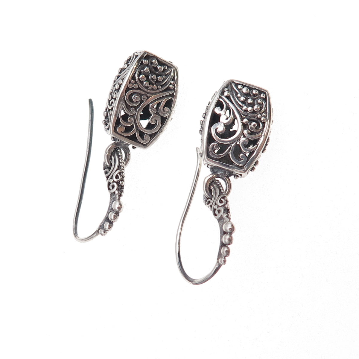 Sarda 925 Sterling Silver Vintage Floral Scroll Oxidized Dangle Earrings