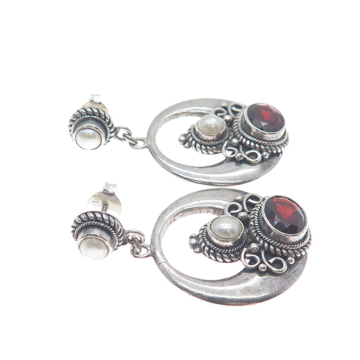 925 Sterling Silver Vintage Real Pearl & Red Garnet Crescent Dangle Earrings