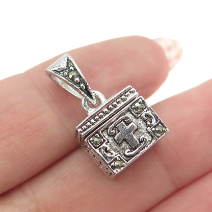 925 Sterling Silver Real Marcasite Gemstone Ornate Box Locket Pendant