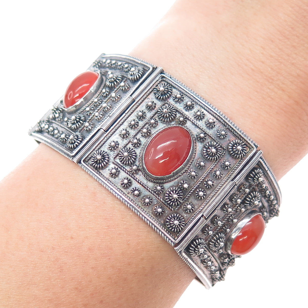 925 Sterling Silver Vintage Real Carnelian Cannetille Panel Link Bracelet 7.5"