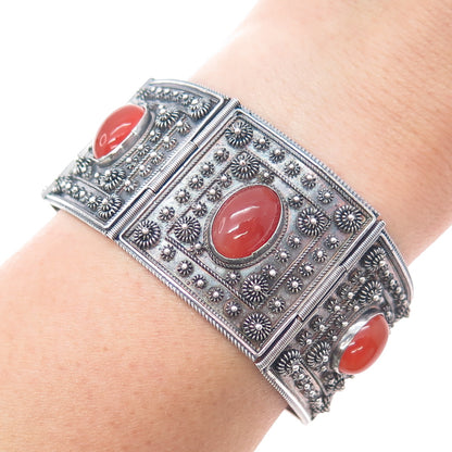 925 Sterling Silver Vintage Real Carnelian Cannetille Panel Link Bracelet 7.5"