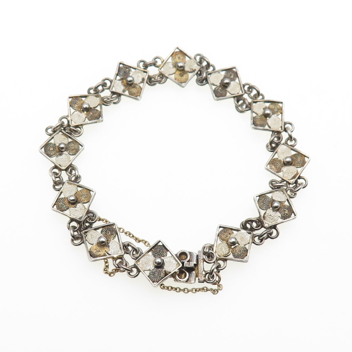 800 Silver Gold Plated Vintage European Flower Link Bracelet 7"