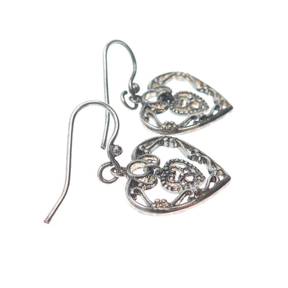 925 Sterling Silver Vintage Ornate Heart & Flower Dangle Earrings
