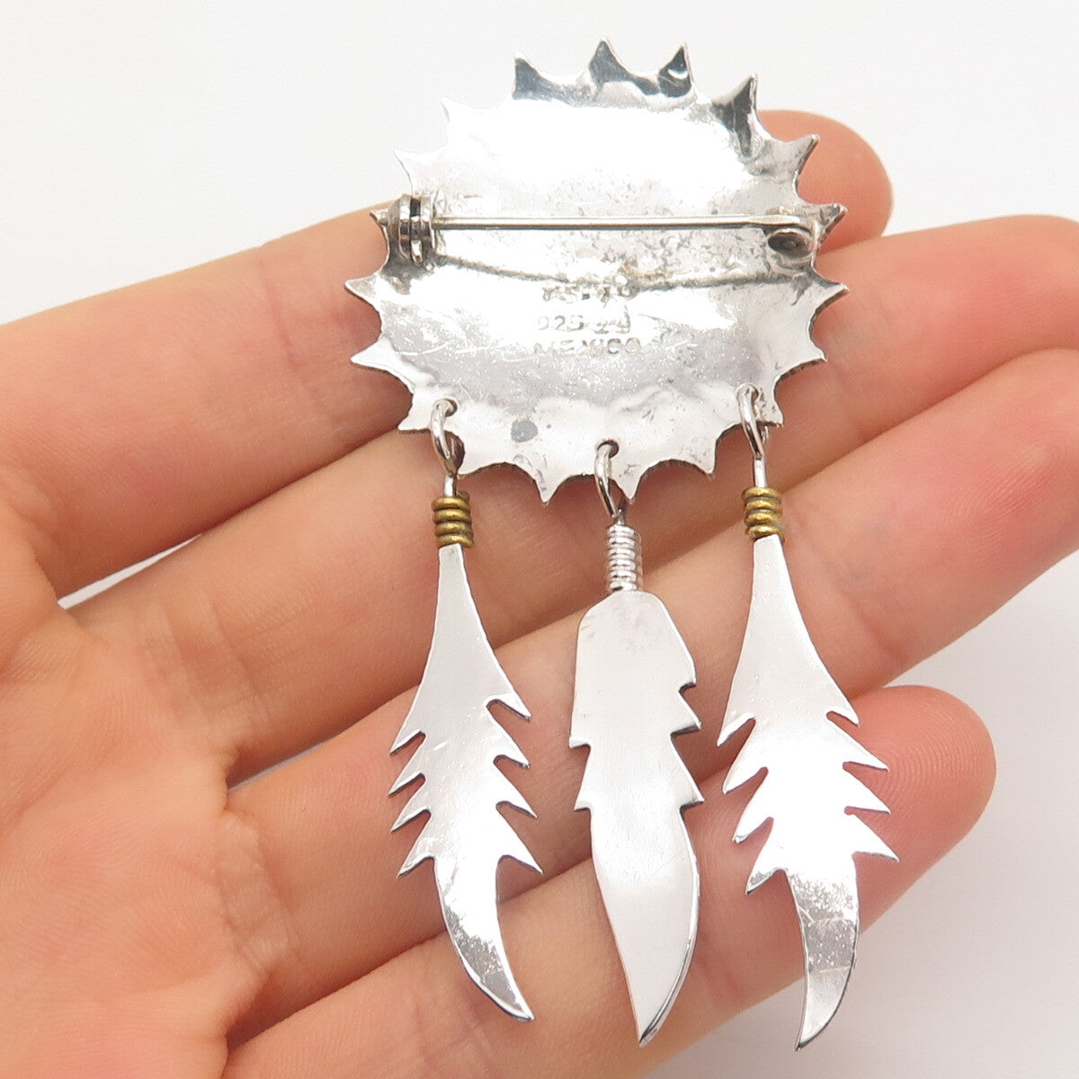 925 Sterling Silver 2-Tone Vintage Mexico Concho Feather Pin Brooch