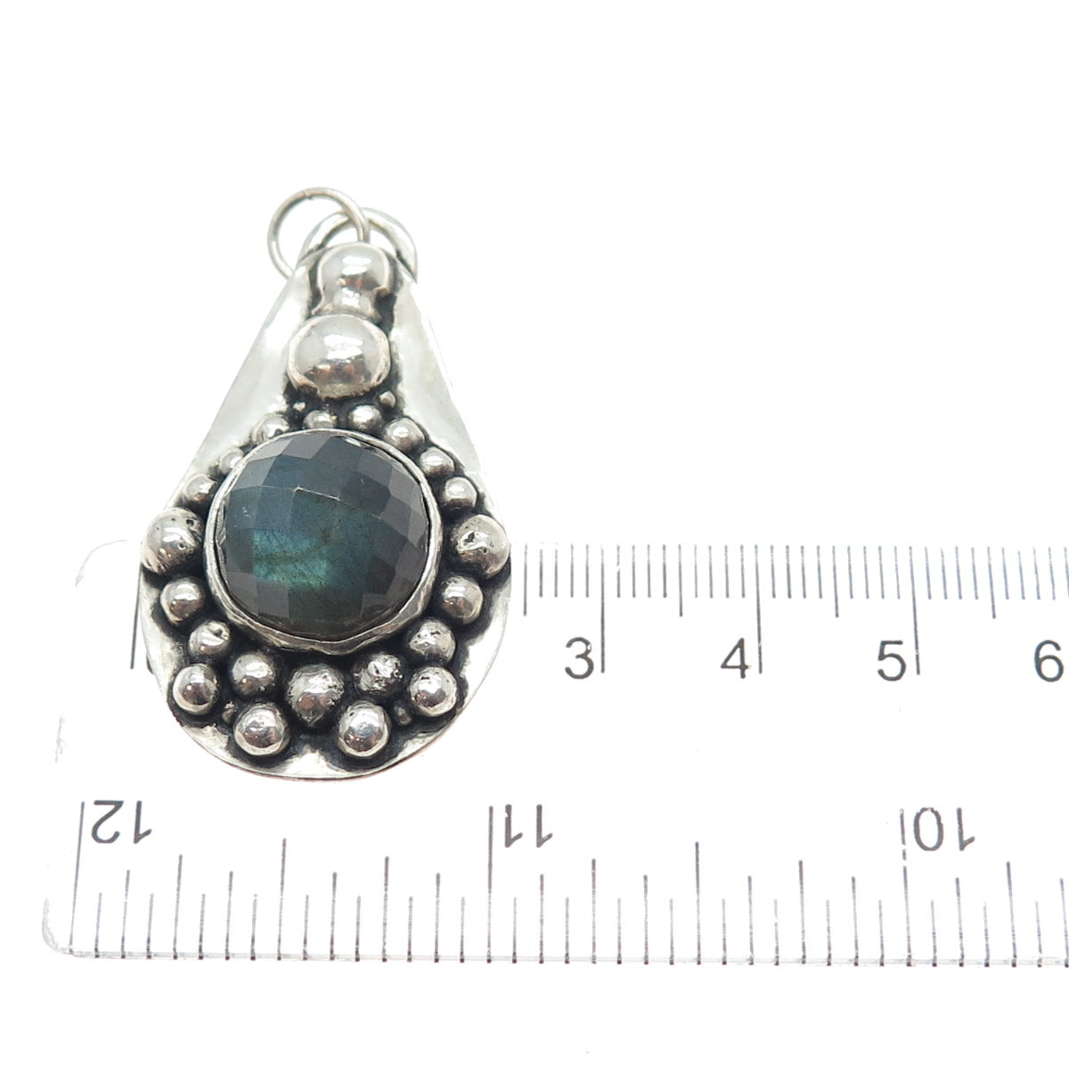 925 Sterling Silver Vintage Real Labradorite Modernist Beaded Oxidized Pendant