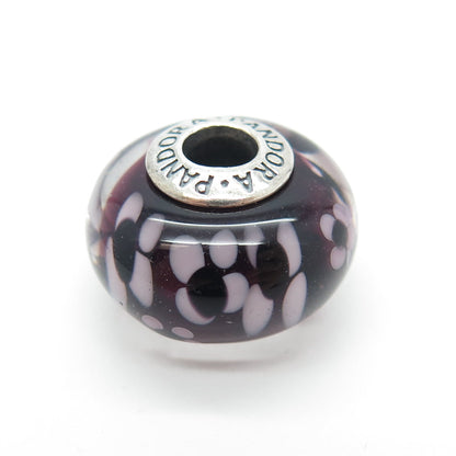 PANDORA 925 Sterling Silver Murano Glass Purple Flowers & Plants Bead Charm