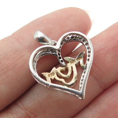 SUN 925 Sterling Silver & 10K Rose Gold Real Diamond "MOM" Heart Pendant