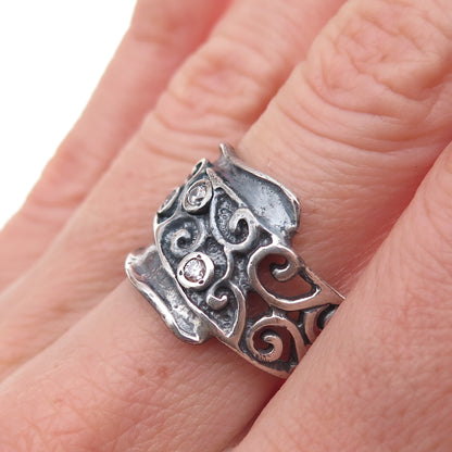 Didae 925 Sterling Silver Vintage Israel C Z Modernist Oxidized Ring Size 8.25