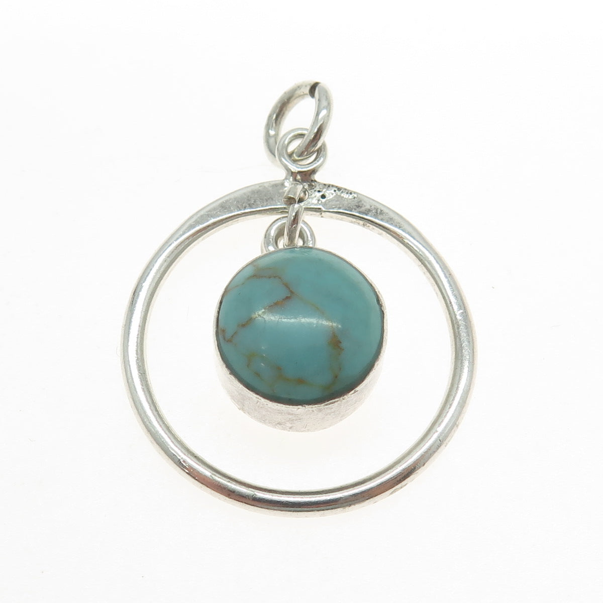 925 Sterling Silver Vintage Mexico Real Turquoise Circle Charm Pendant