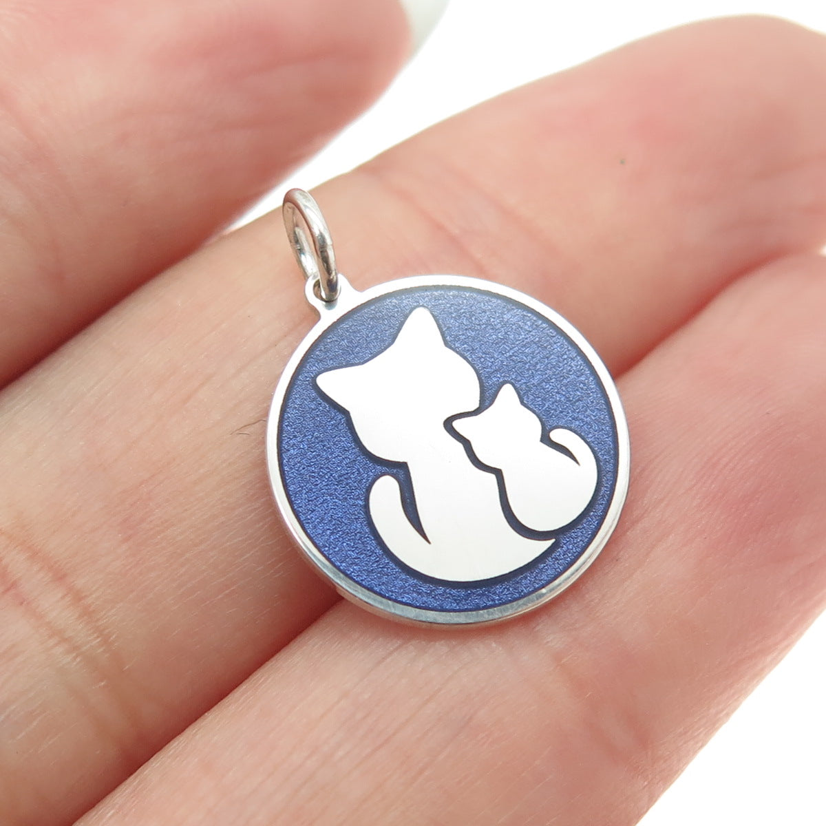 925 Sterling Silver Blue Enamel Mom & Child Cat Round Minimalist Charm Pendant