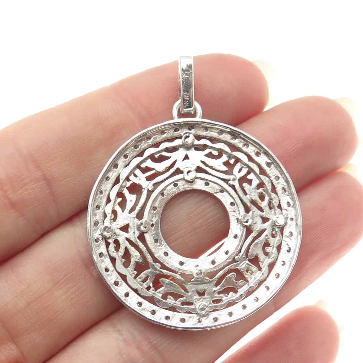 925 Sterling Silver 2-Tone Round-Cut C Z Floral Circle Pendant