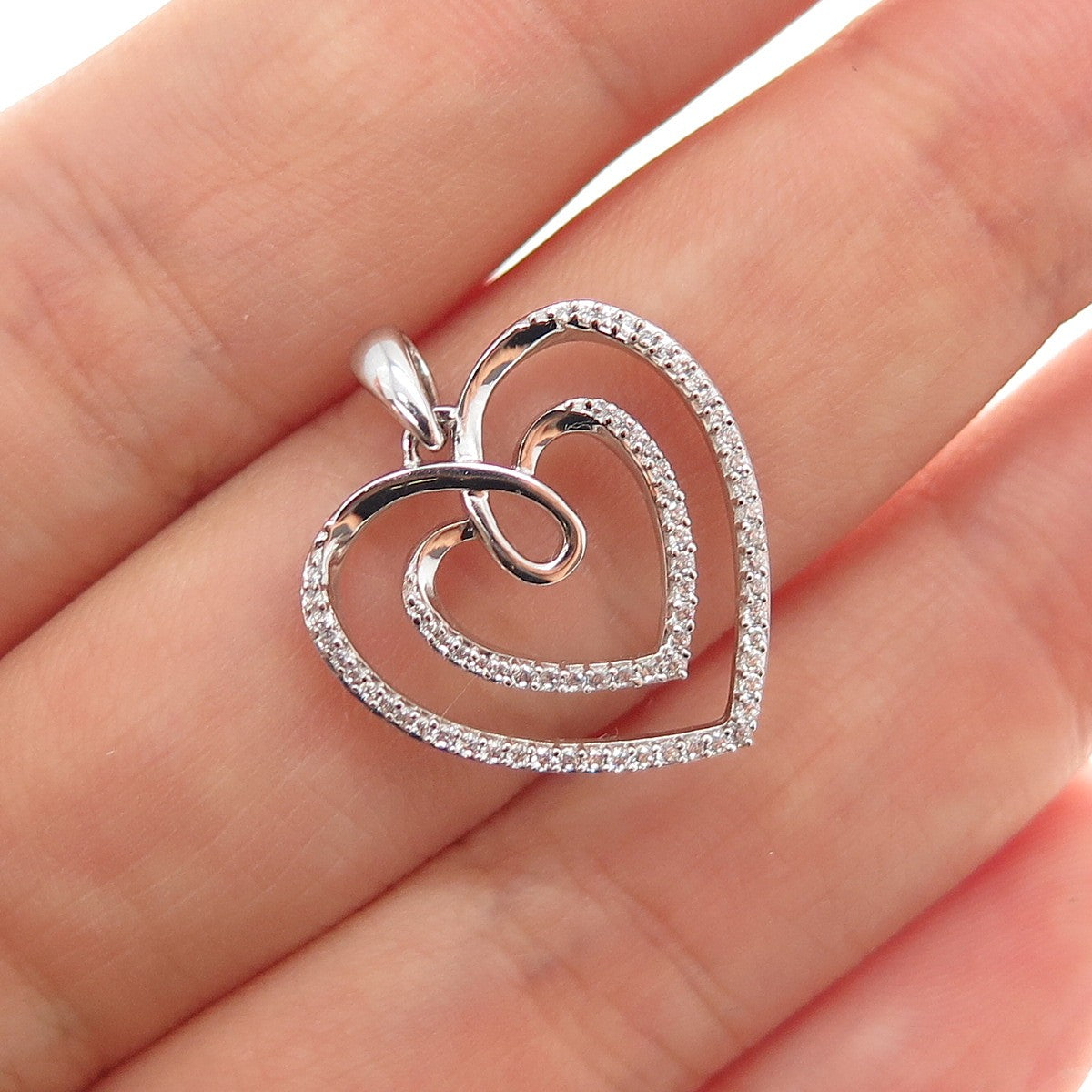 925 Sterling Silver Round-Cut C Z Double Heart Charm Pendant