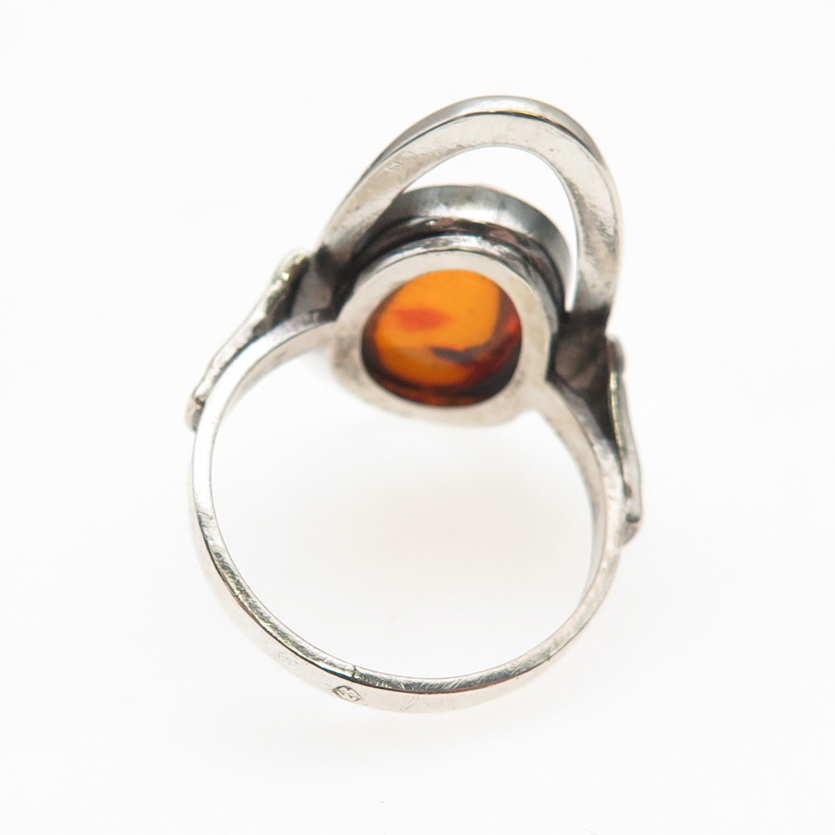 925 Sterling Silver Vintage MW Poland Real Amber Modernist Ring Size 7.25