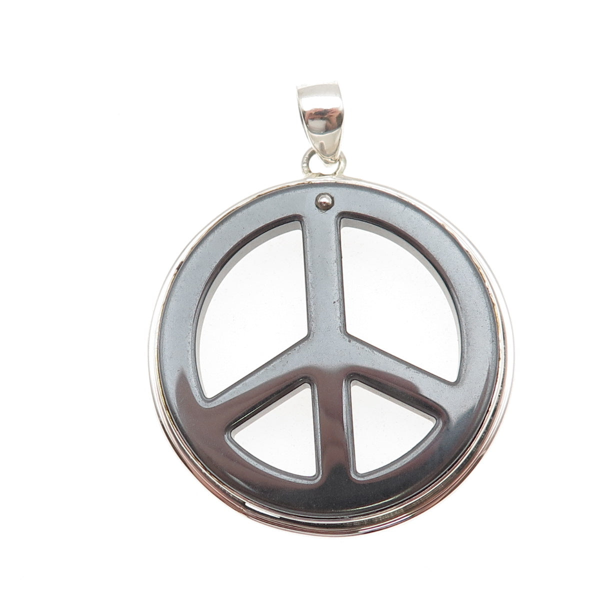 925 Sterling Silver Vintage Real Hematite Peace Symbol Pendant