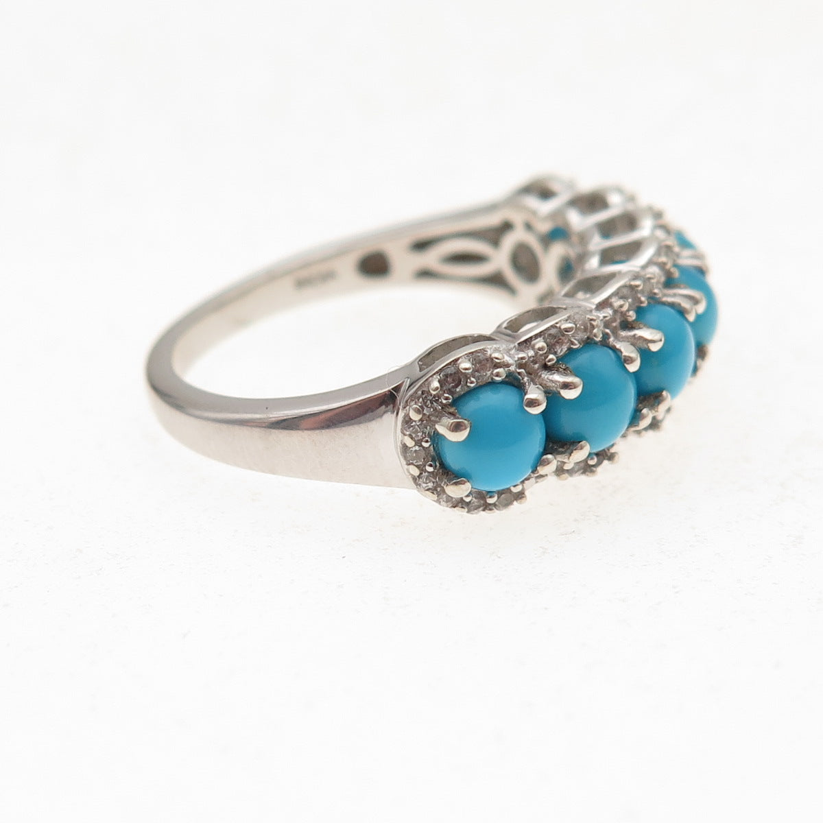 925 Sterling Silver Real Sleeping Beauty Turquoise & White Topaz Ring Size 8