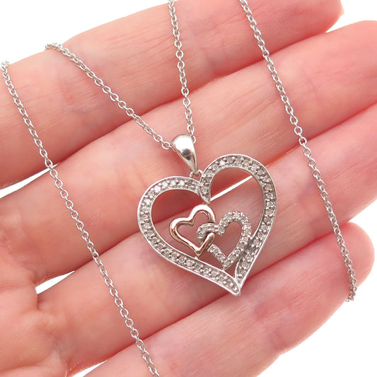 Sun 925 Sterling Silver 10K Gold Real Diamond Heart Cable Chain Necklace 18"