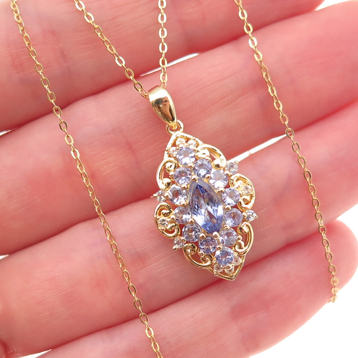 925 Sterling Silver Gold Plated Real Tanzanite Cable Chain Necklace 18"