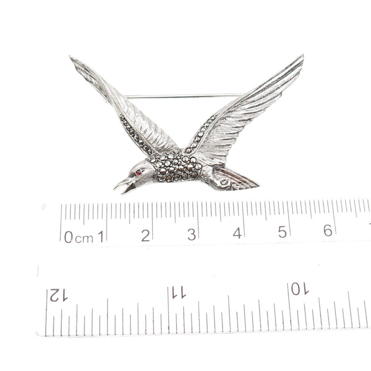 925 Sterling Silver Antique Art Deco Real Garnet & Marcasite Seagull Pin Brooch