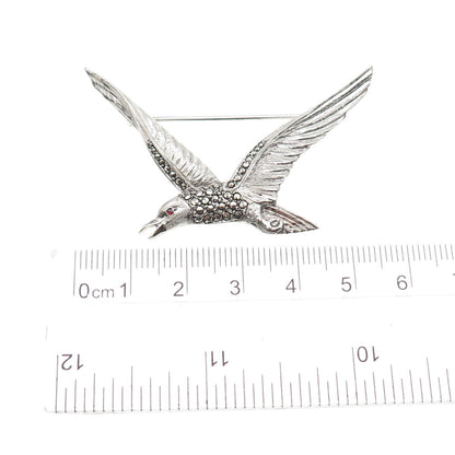 925 Sterling Silver Antique Art Deco Real Garnet & Marcasite Seagull Pin Brooch