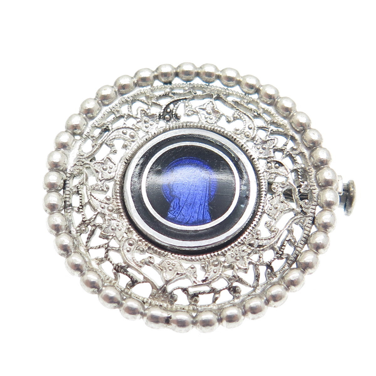 925 Sterling Silver Antique Art Deco Enamel St. Mary Religious Beaded Pin Brooch