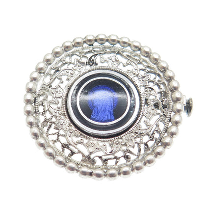 925 Sterling Silver Antique Art Deco Enamel St. Mary Religious Beaded Pin Brooch