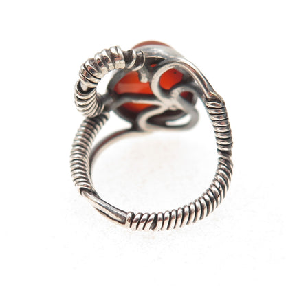 925 Sterling Silver Vintage Real Carnelian Modernist Oxidized Ring Size 4.5