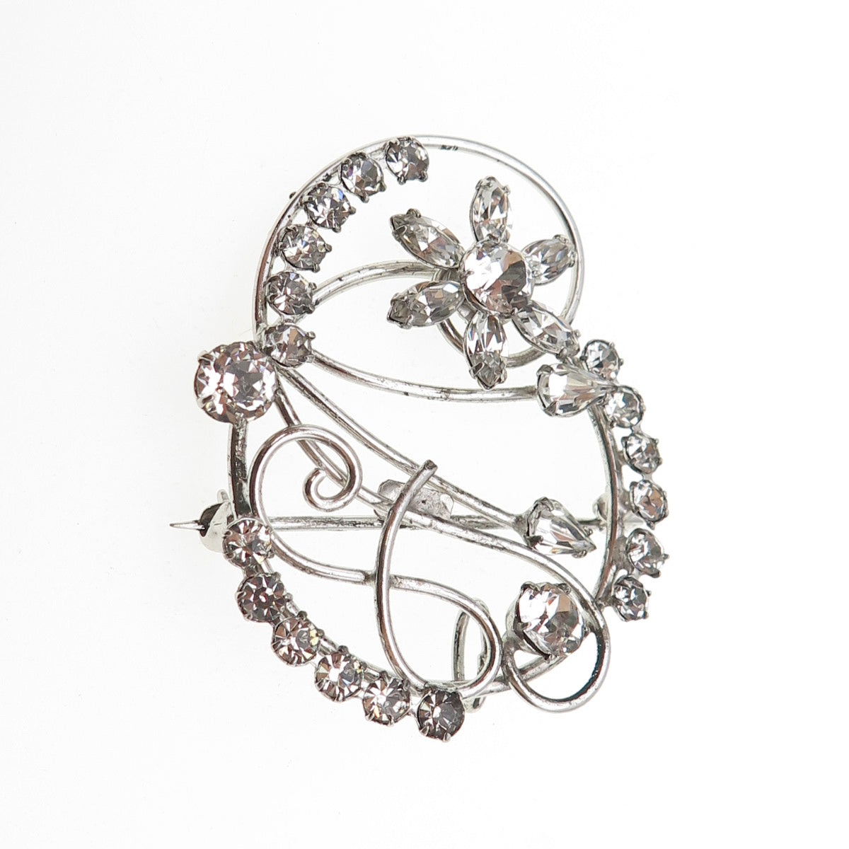 CARL ART 925 Sterling Silver Antique Art Deco Rhinestone Swirl Pin Brooch