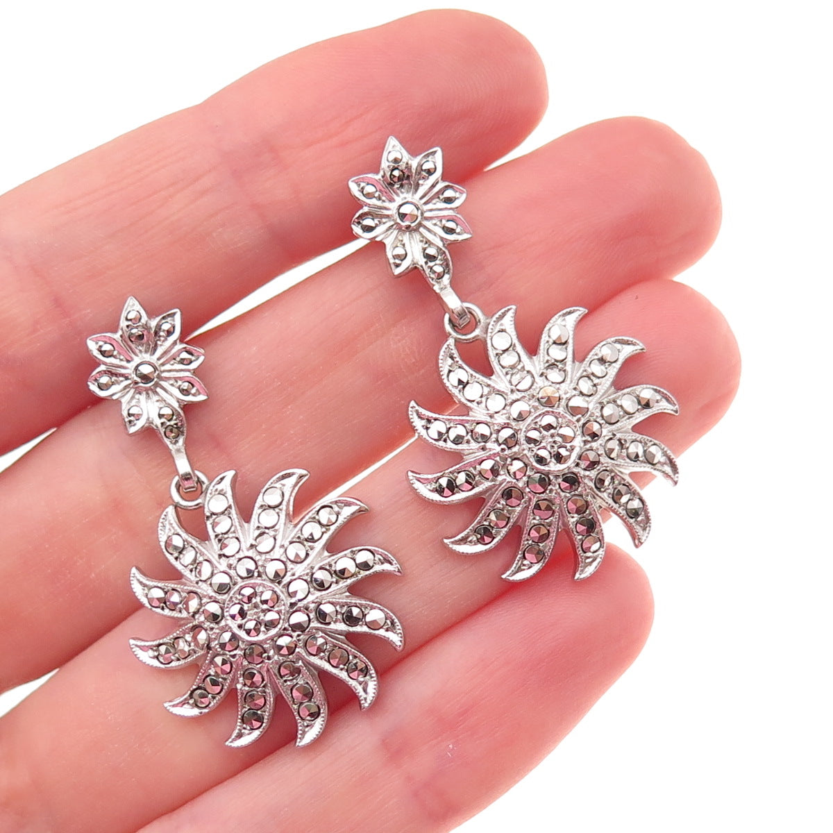 925 Sterling Silver Antique Art Deco Real Marcasite Floral Dangle Earrings