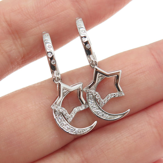 925 Sterling Silver C Z Crescent Moon & Star Dangling Earrings