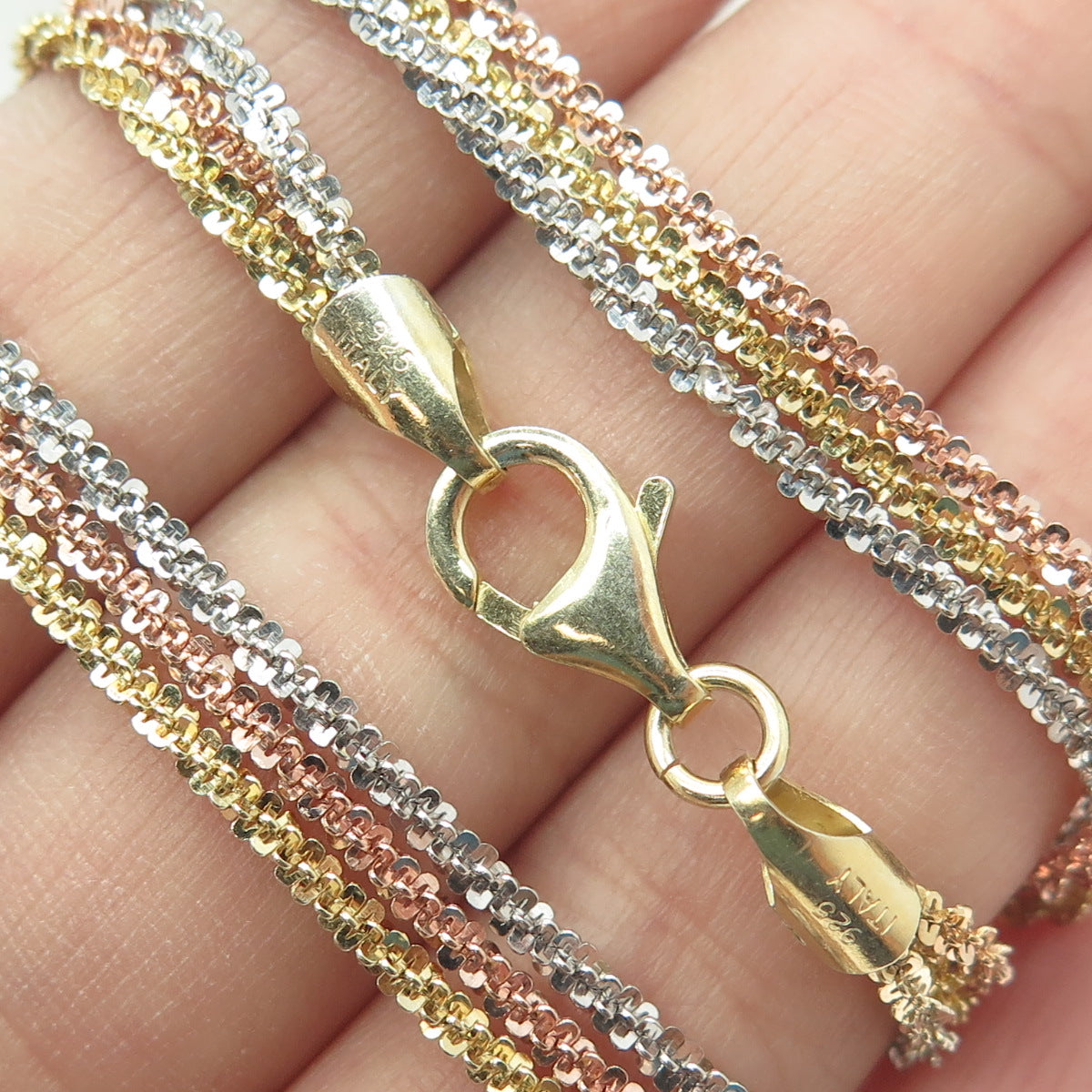 925 Sterling Silver 3-Tone Italy 3-Rope Sparkling Disc Chain Necklace 16"