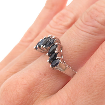 925 Sterling Silver Vintage Real Marquise-Cut Sapphire Oxidized Ring Size 8