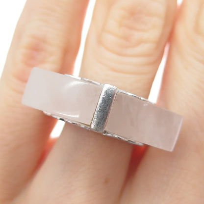 925 Sterling Silver Vintage Real Rose Quartz Modernist Ring Size 6.25