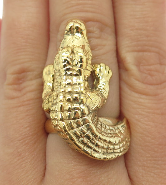 ITAOR 925 Sterling Silver Gold Plated Italy Crocodile Statement Ring Size 8