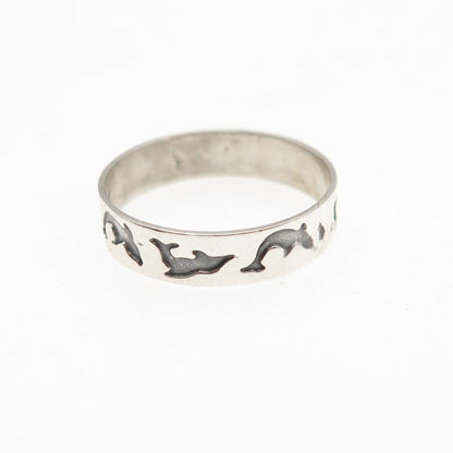 925 Sterling Silver Vintage Dolphin All Around Oxidized Band Ring Size 5.5