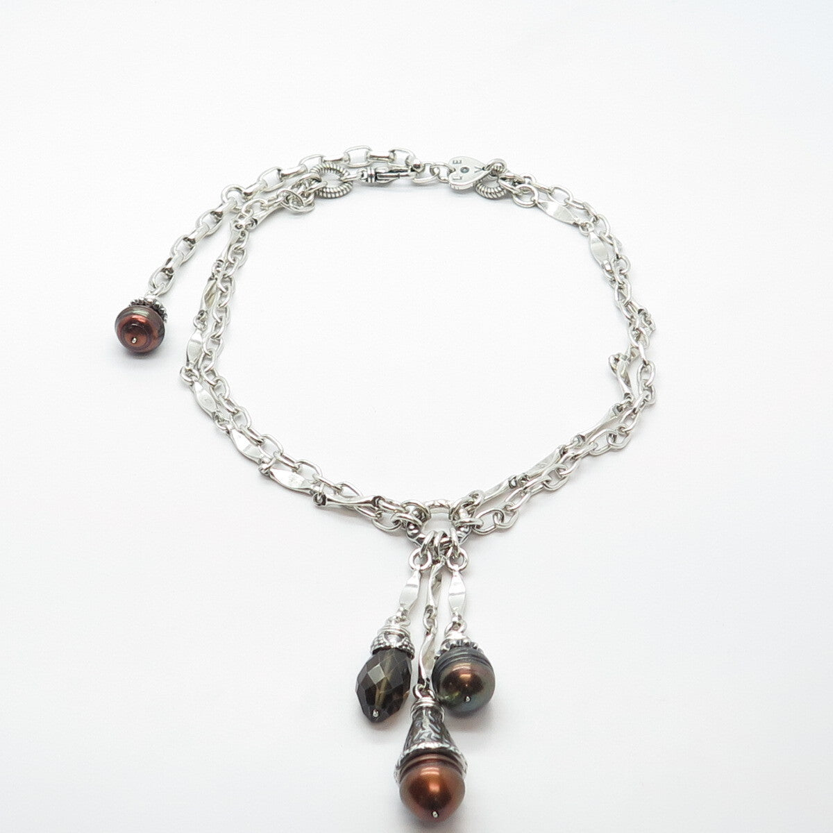 925 Sterling Silver Vintage Alana Love Pearl & Smoky Quartz Chain Necklace 14"