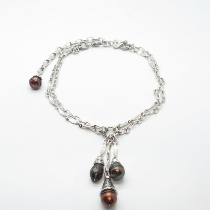 925 Sterling Silver Vintage Alana Love Pearl & Smoky Quartz Chain Necklace 14"