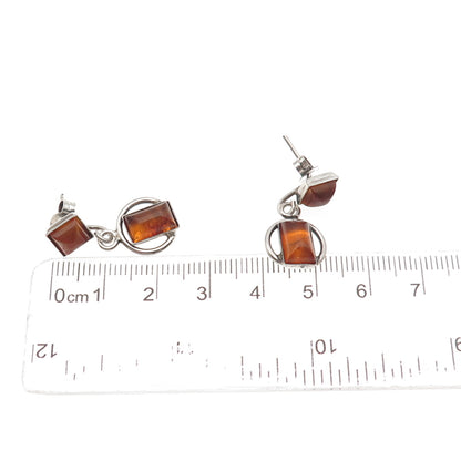 925 Sterling Silver Vintage Real Amber Modernist Oxidized Dangle Earrings