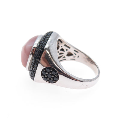 925 Sterling Silver Real Rhodonite & Black Spinel Modernist Ring Size 8